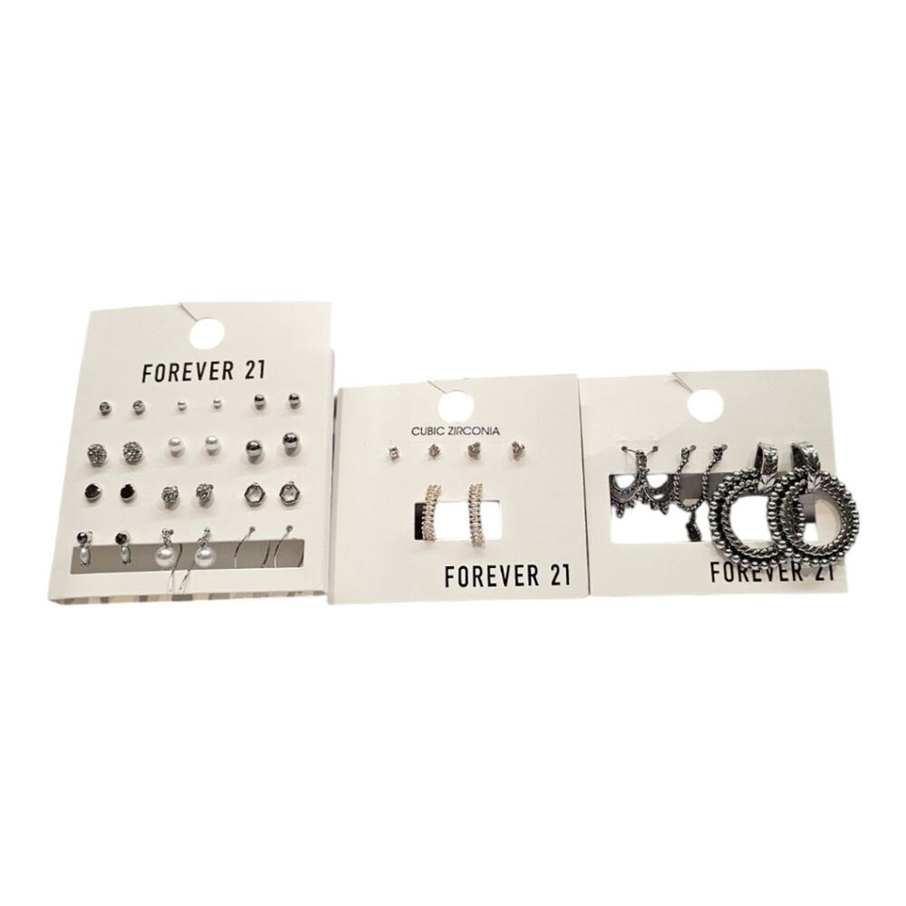 Forever 21 Lot of Pierced Earrings Silver, Crystal, and Gold Tone Hoops & Studs